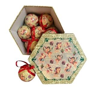 Christmas Balls Ornaments Angel Vintage Paper Mache Set Of 10 with Box